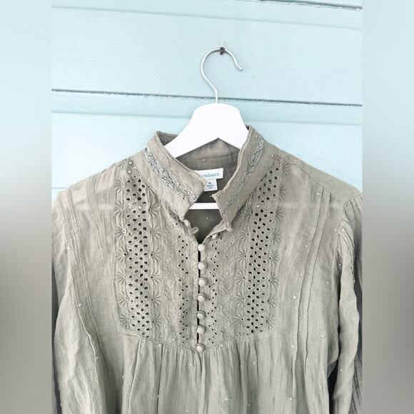 Sundance Victorian 100% cotton blouse olive green peasant high neck boho summer - Picture 2 of 9